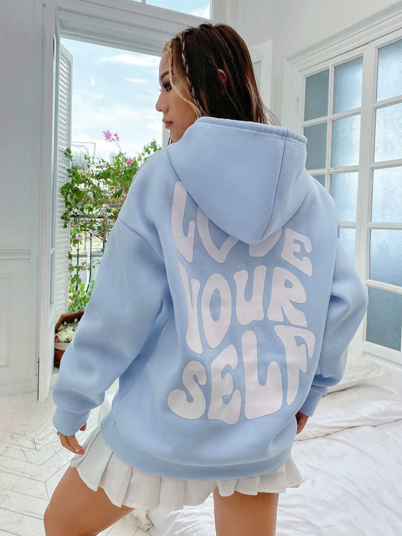 MOOSTA Slogan Graphic Drop Shoulder Drawstring Thermal Lined Hoodie LOVE YOURSELF,Long Sleeve Tops