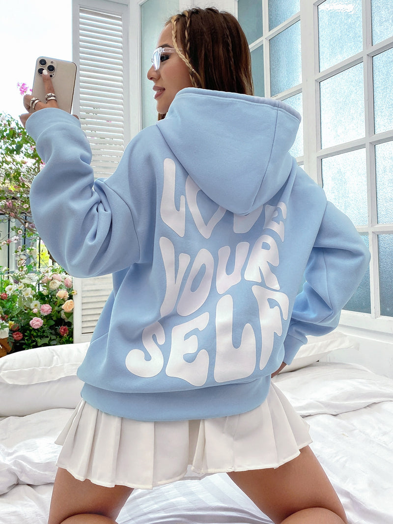 MOOSTA Slogan Graphic Drop Shoulder Drawstring Thermal Lined Hoodie LOVE YOURSELF,Long Sleeve Tops