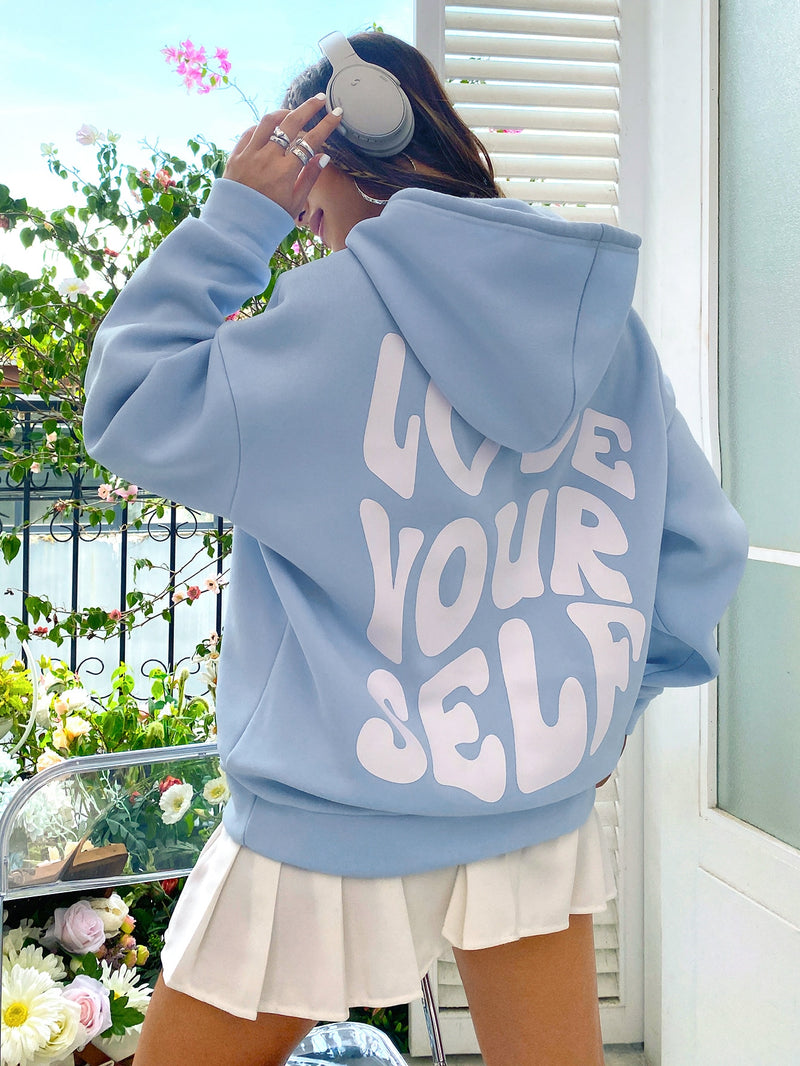 MOOSTA Slogan Graphic Drop Shoulder Drawstring Thermal Lined Hoodie LOVE YOURSELF,Long Sleeve Tops