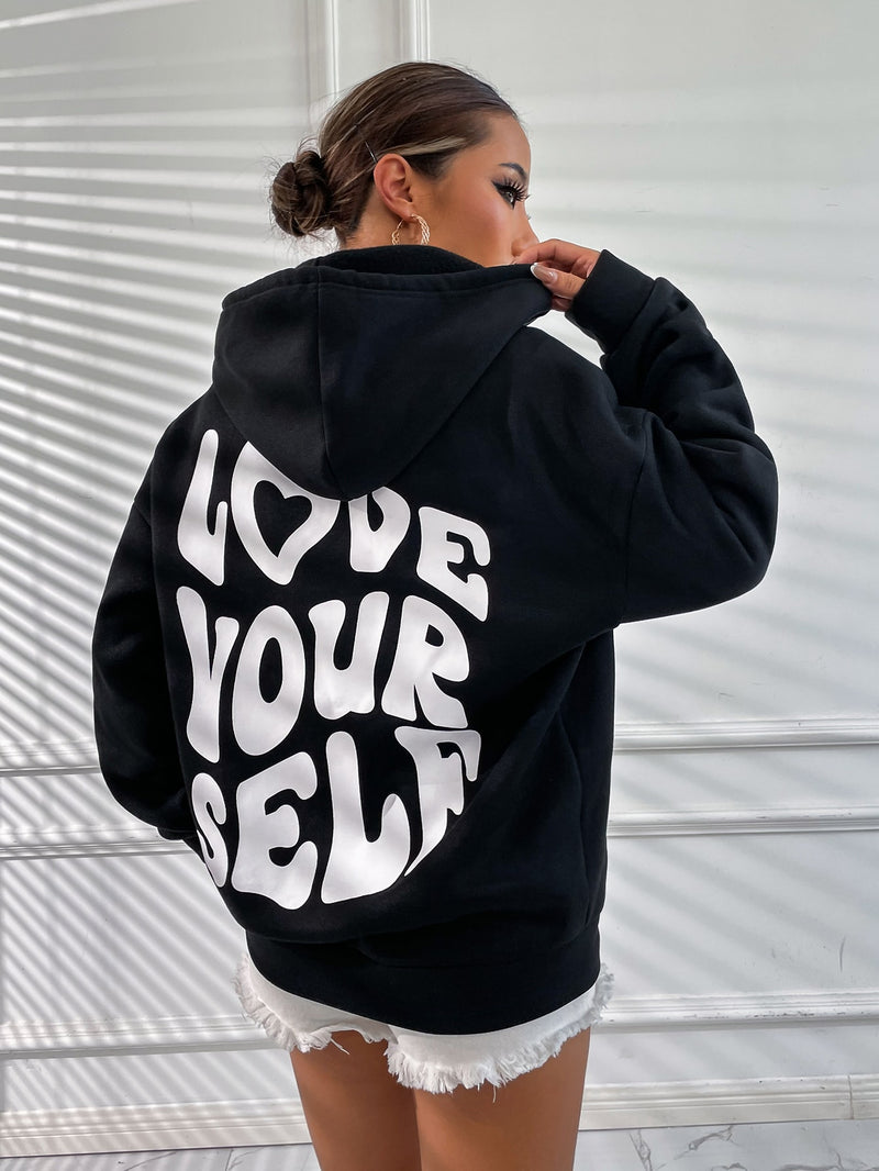 MOOSTA Slogan Graphic Drop Shoulder Drawstring Thermal Lined Hoodie LOVE YOURSELF,Long Sleeve Tops