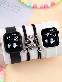 2pcs Kids' Square Digital Sports Watches And 2pcs Astronaut Pendant Bracelets, Best Friends Gifts For Boys And Girls