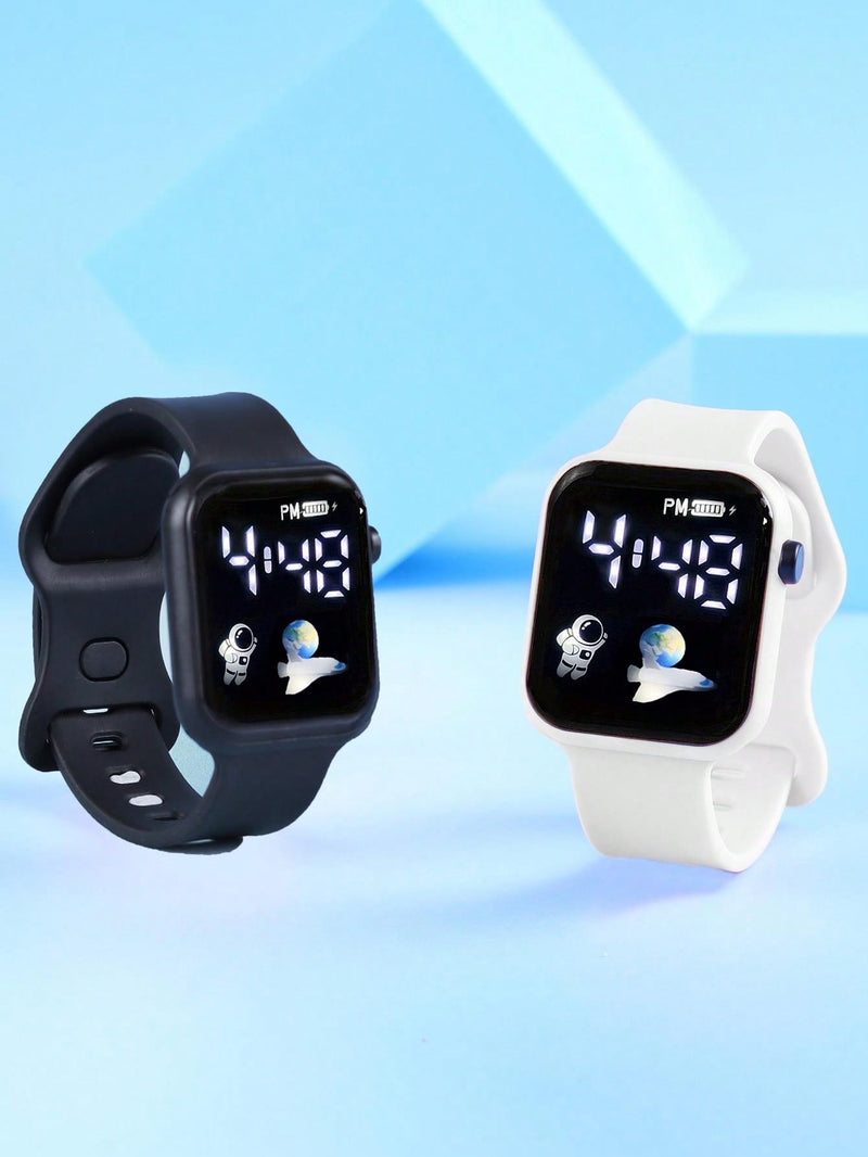 2pcs Kids' Square Digital Sports Watches And 2pcs Astronaut Pendant Bracelets, Best Friends Gifts For Boys And Girls