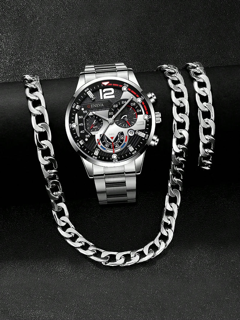 3pcs/Set, Men/Boys Casual Sports Stainless Steel Quartz Watch And Bracelet & Necklace Set