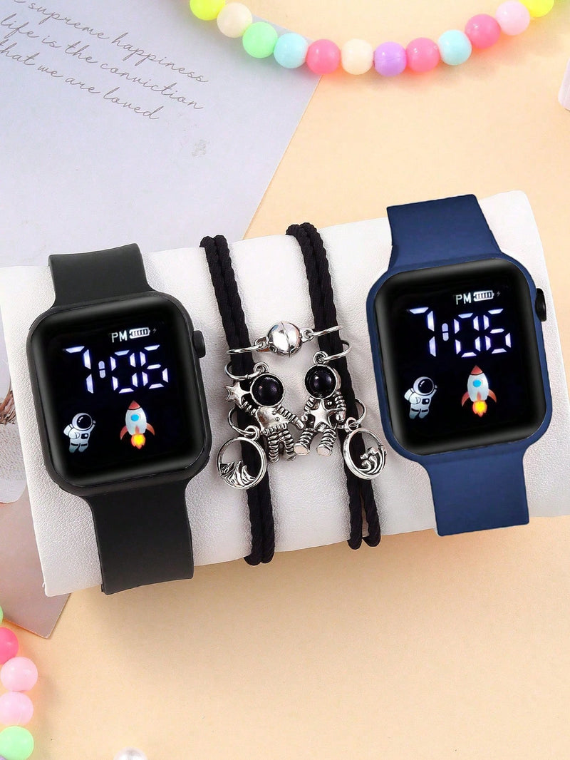 2pcs Kids' Square Digital Sports Watches And 2pcs Astronaut Pendant Bracelets, Best Friends Gifts For Boys And Girls