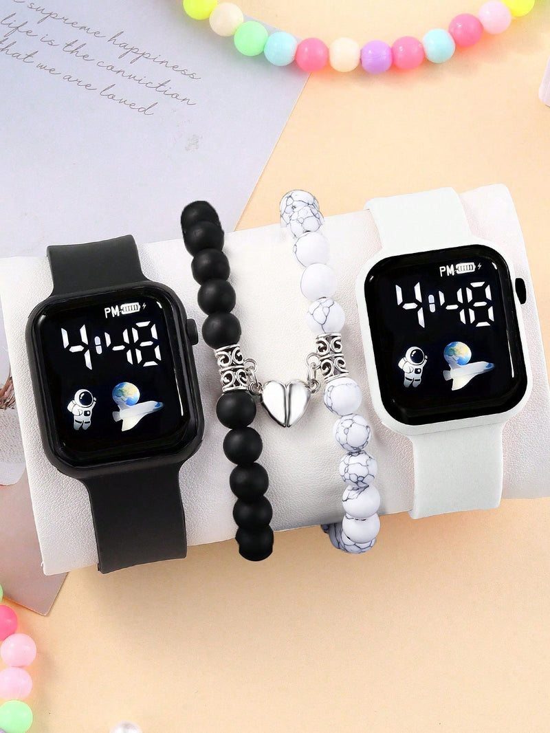 2pcs Kids' Square Digital Sports Watches And 2pcs Astronaut Pendant Bracelets, Best Friends Gifts For Boys And Girls