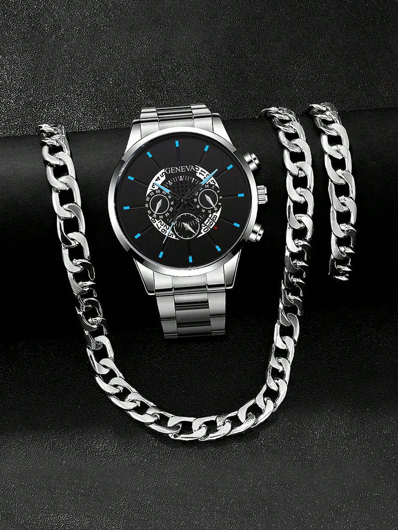 3pcs/Set, Men/Boys Casual Sports Stainless Steel Quartz Watch And Bracelet & Necklace Set