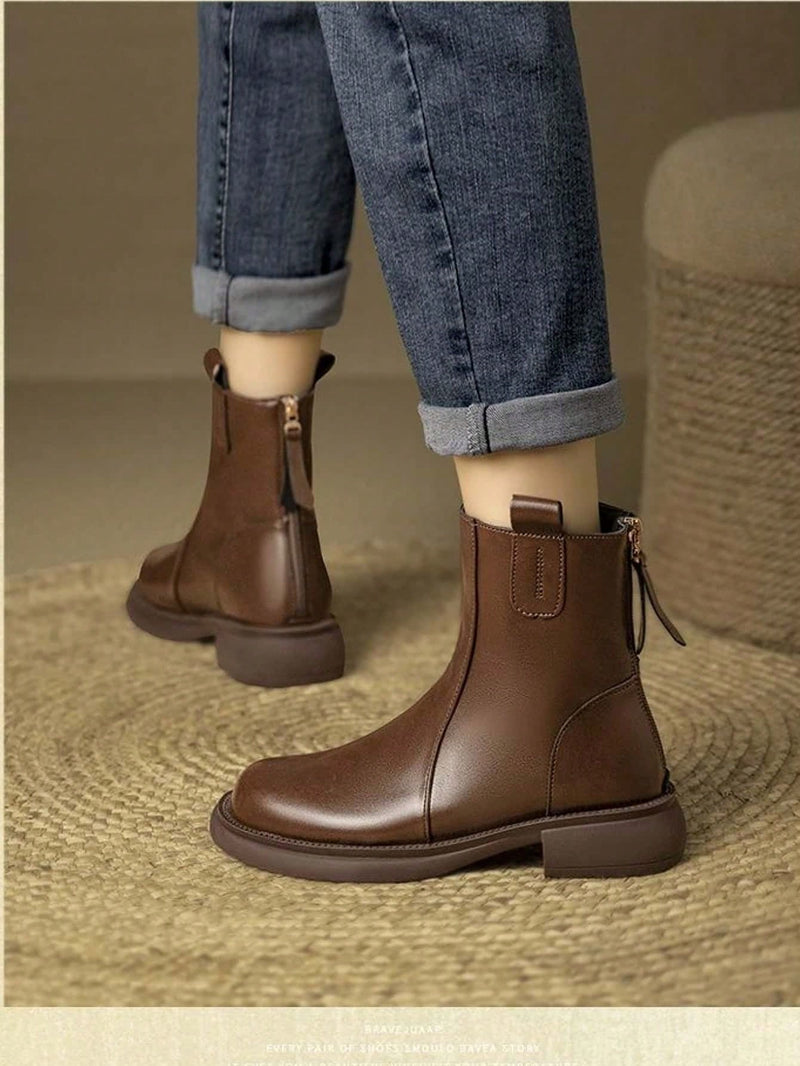 Women's Short Boots, Autumn/Winter New Arrival, British Style Low Heel Small Leather Chelsea Boot With Back Zipper