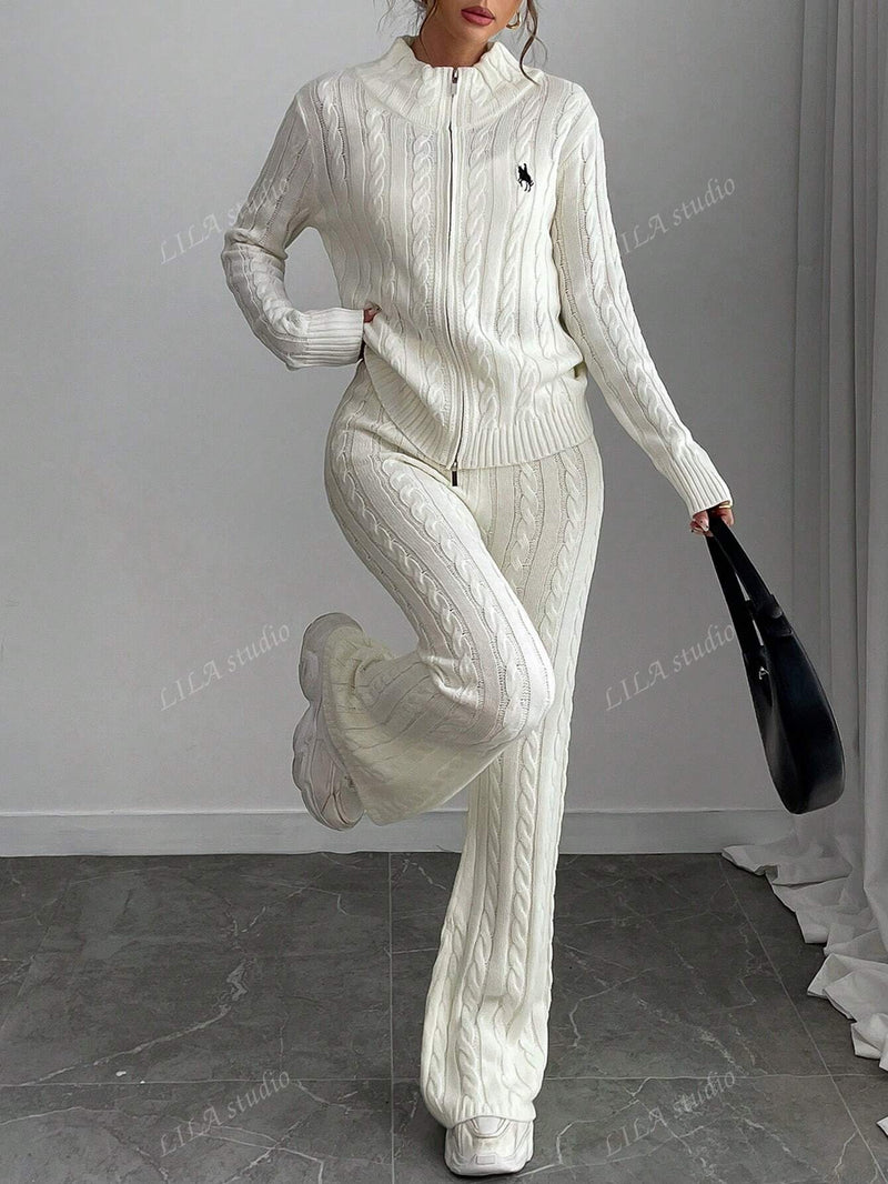 2pcs Set Women Elegant Stand Collar Long Sleeve Sweater & Flared Pants