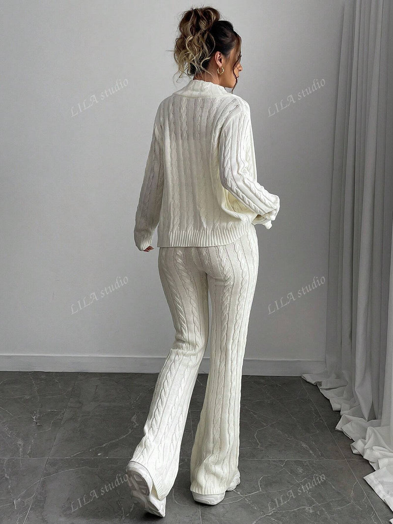 2pcs Set Women Elegant Stand Collar Long Sleeve Sweater & Flared Pants