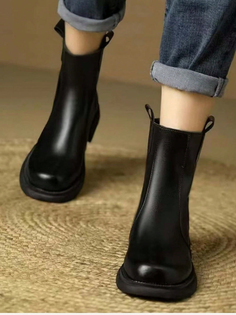 Women's Short Boots, Autumn/Winter New Arrival, British Style Low Heel Small Leather Chelsea Boot With Back Zipper