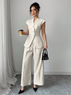 Siren Gaze Fall 2024 New Suit Vest With Asymmetric Metal Buckle Decor, Long Vest Jacket, Wide-Leg Suit Pants, Casual Business Workwear Suit Set