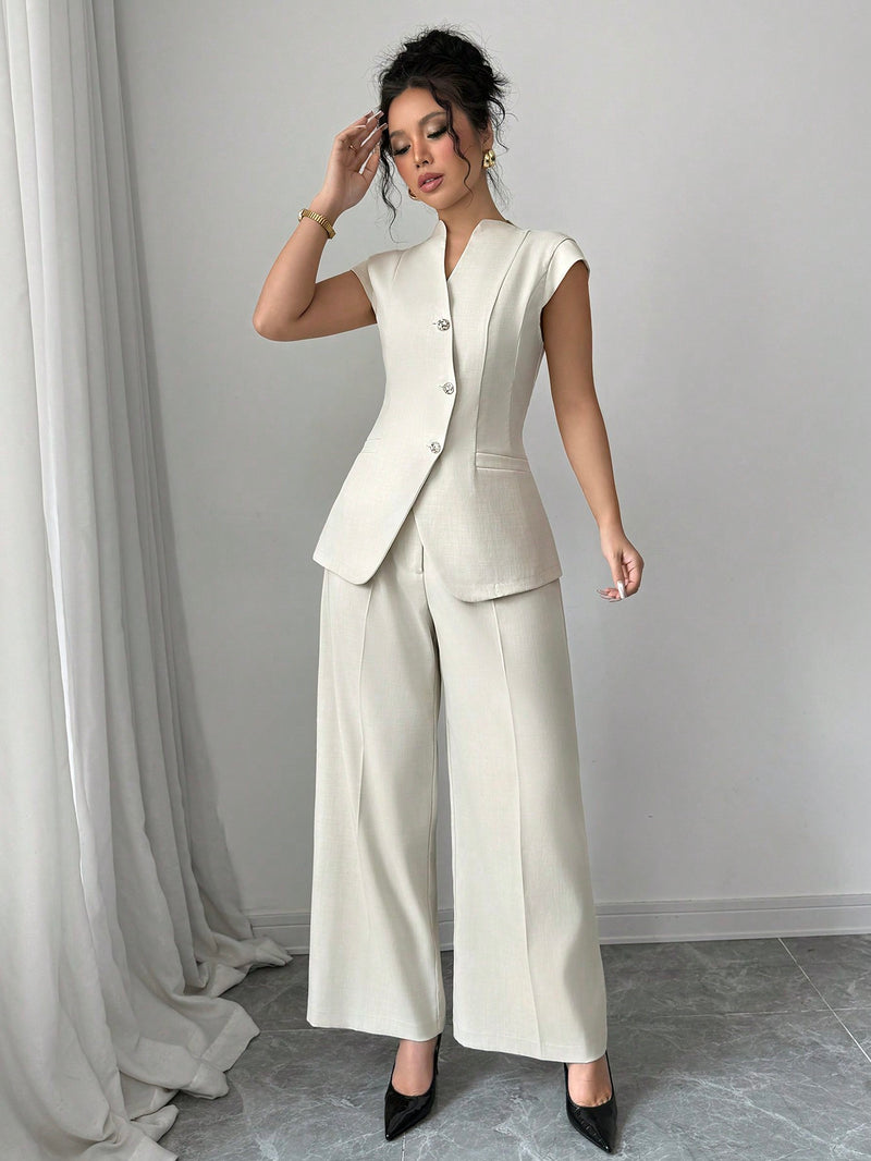 Siren Gaze Fall 2024 New Suit Vest With Asymmetric Metal Buckle Decor, Long Vest Jacket, Wide-Leg Suit Pants, Casual Business Workwear Suit Set