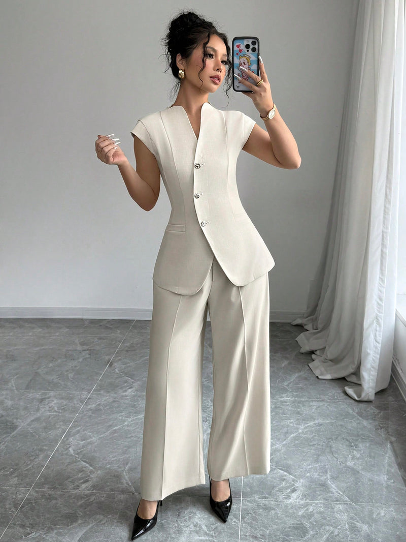 Siren Gaze Fall 2024 New Suit Vest With Asymmetric Metal Buckle Decor, Long Vest Jacket, Wide-Leg Suit Pants, Casual Business Workwear Suit Set