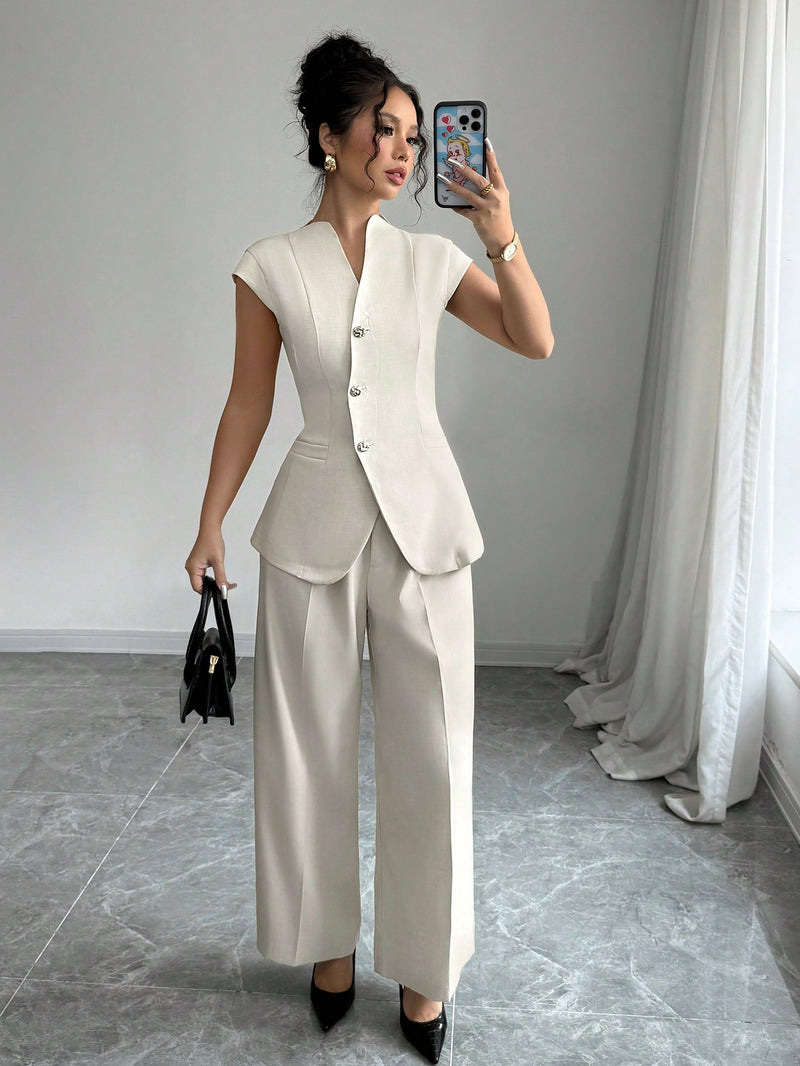 Siren Gaze Fall 2024 New Suit Vest With Asymmetric Metal Buckle Decor, Long Vest Jacket, Wide-Leg Suit Pants, Casual Business Workwear Suit Set