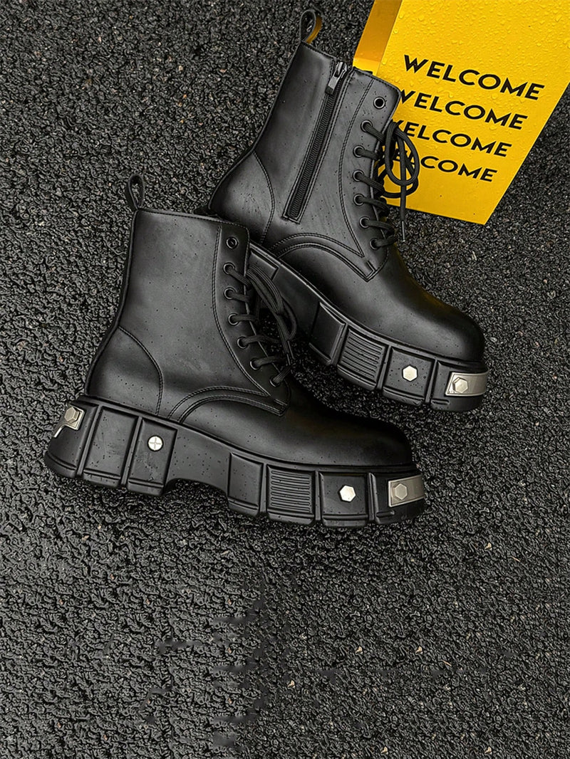 Bestselling High-Top Motorcycle Boots, Versatile Thick-Soled Heightening Boots, Black Leather /Chelsea Boots, Stylish