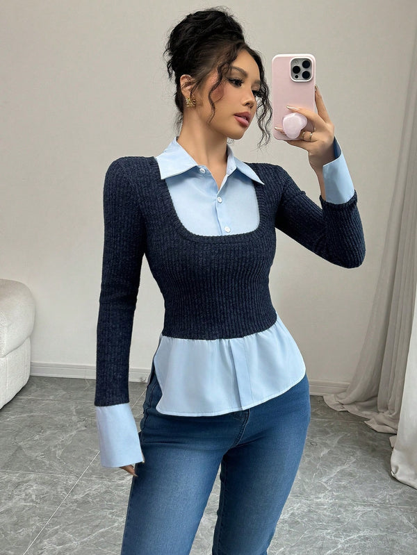 Elenzga French Stylish 2 In 1 Collared T-Shirt With Contrast Panel, New Design Niche For Spring & Autumn Graphic Tees Women Tops