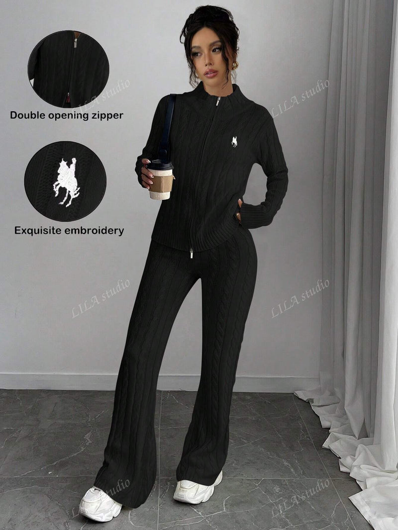 2pcs Set Women Elegant Stand Collar Long Sleeve Sweater & Flared Pants