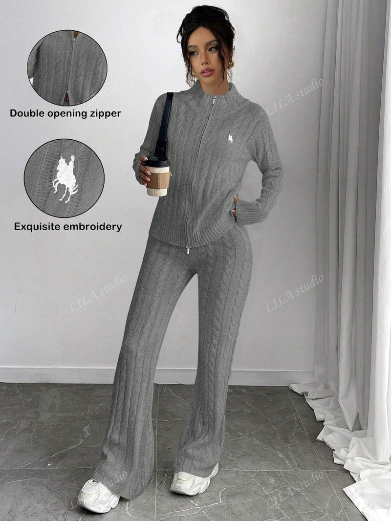 2pcs Set Women Elegant Stand Collar Long Sleeve Sweater & Flared Pants