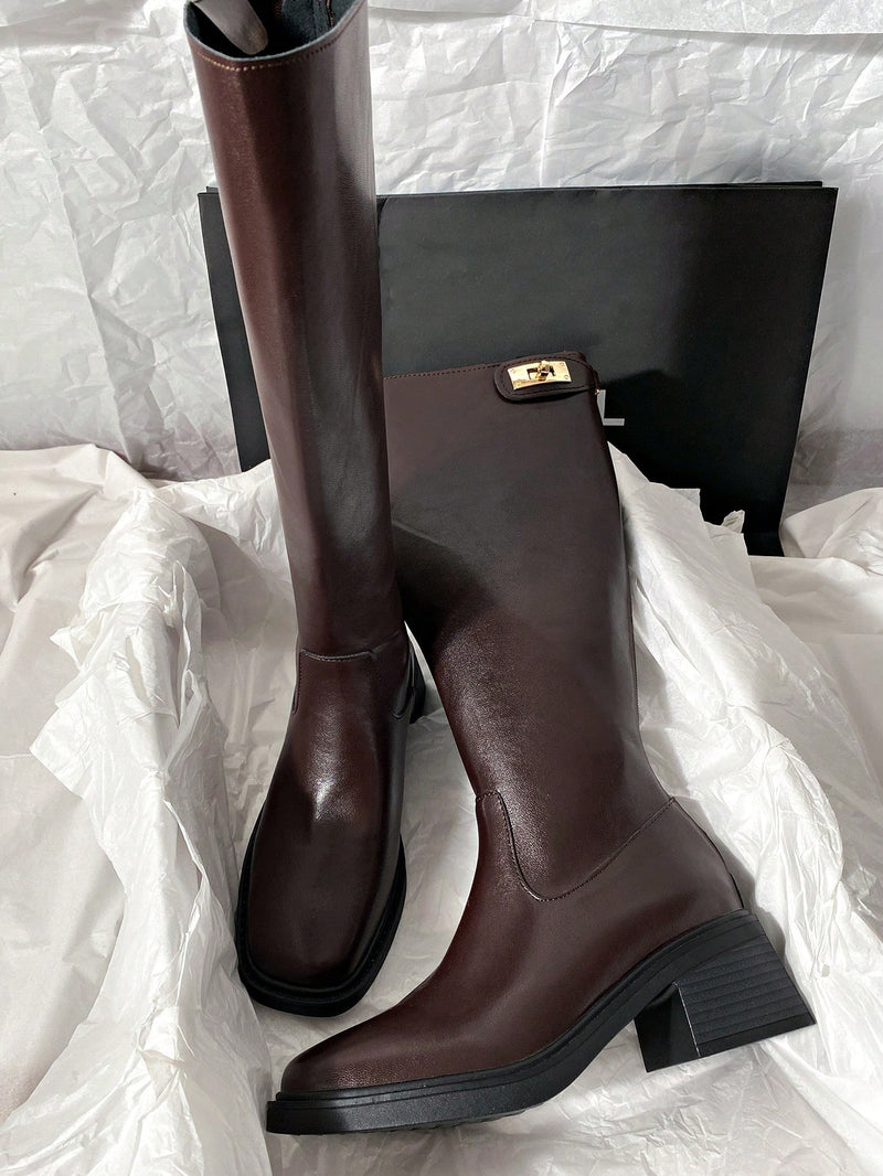 2024 New Mid-Heel Faux Leather Knee High Motorcycle Boots, Minimalist & Versatile