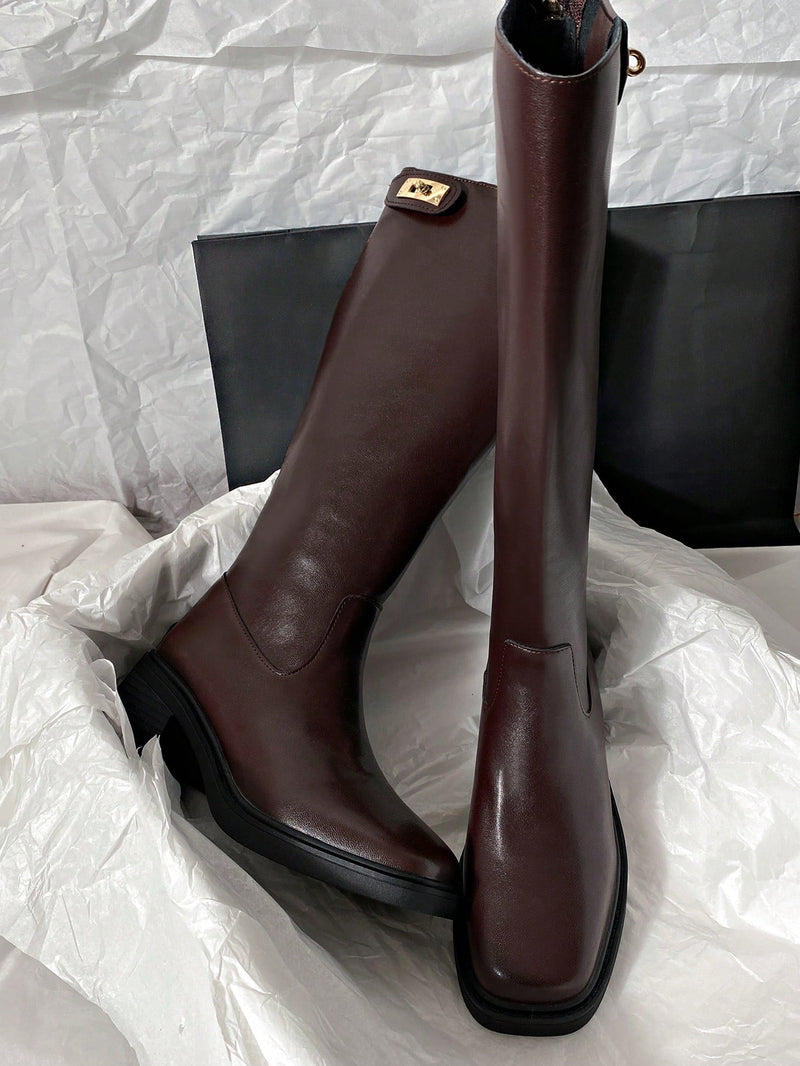 2024 New Mid-Heel Faux Leather Knee High Motorcycle Boots, Minimalist & Versatile