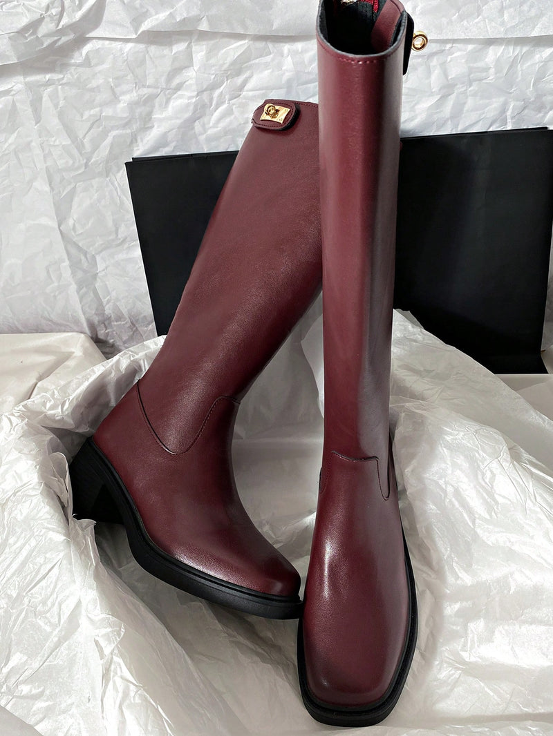 2024 New Mid-Heel Faux Leather Knee High Motorcycle Boots, Minimalist & Versatile