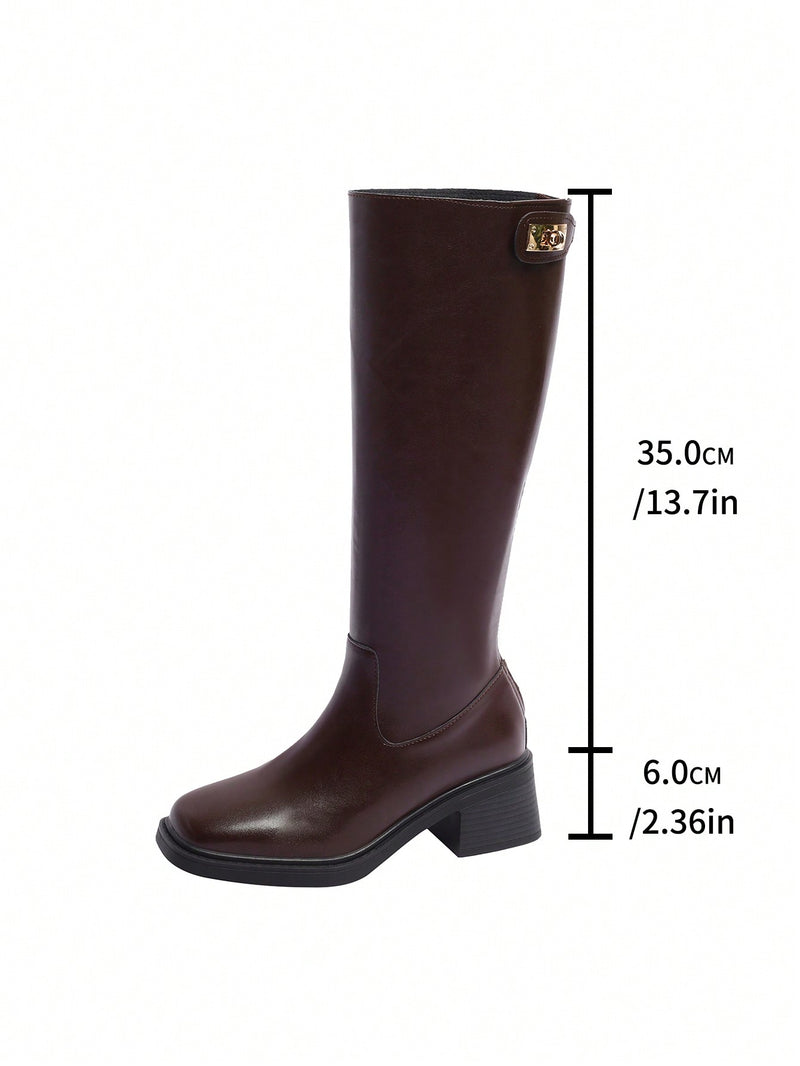 2024 New Mid-Heel Faux Leather Knee High Motorcycle Boots, Minimalist & Versatile