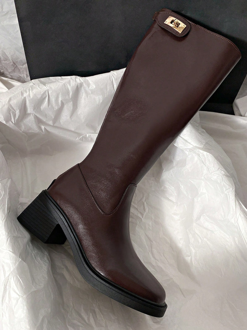 2024 New Mid-Heel Faux Leather Knee High Motorcycle Boots, Minimalist & Versatile