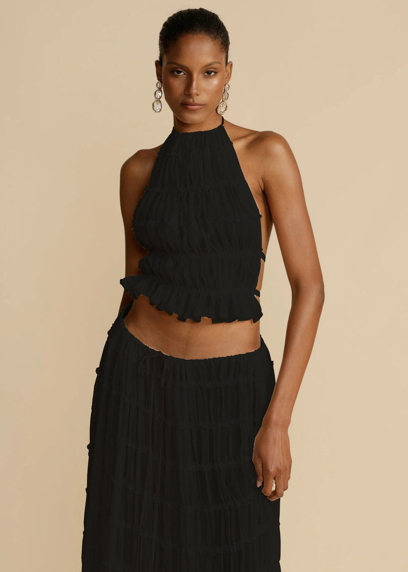 2pcs Women's Dress Sexy Sleeveless Backless Cropped Halter Top And Pleated Long Skirt