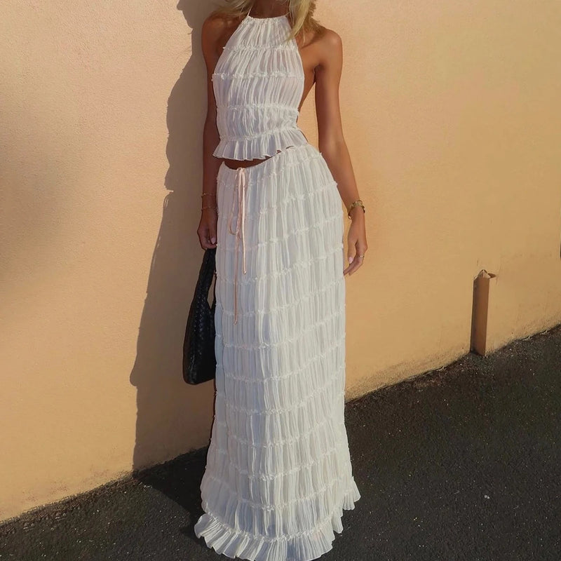 2pcs Women's Dress Sexy Sleeveless Backless Cropped Halter Top And Pleated Long Skirt