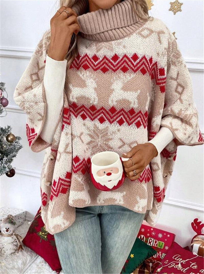 Turtleneck Christmas Color-contrasting Pattern Bat Sleeve Sweater