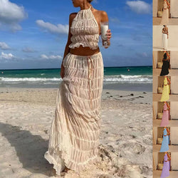 2pcs Women's Dress Sexy Sleeveless Backless Cropped Halter Top And Pleated Long Skirt