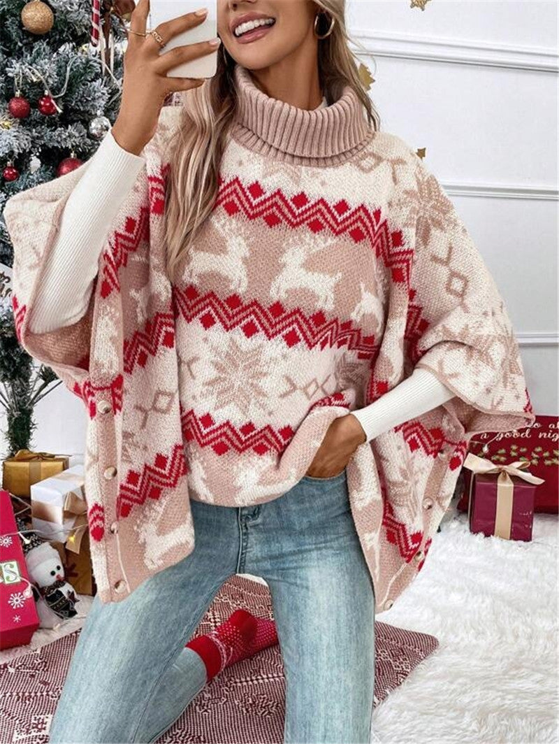 Turtleneck Christmas Color-contrasting Pattern Bat Sleeve Sweater