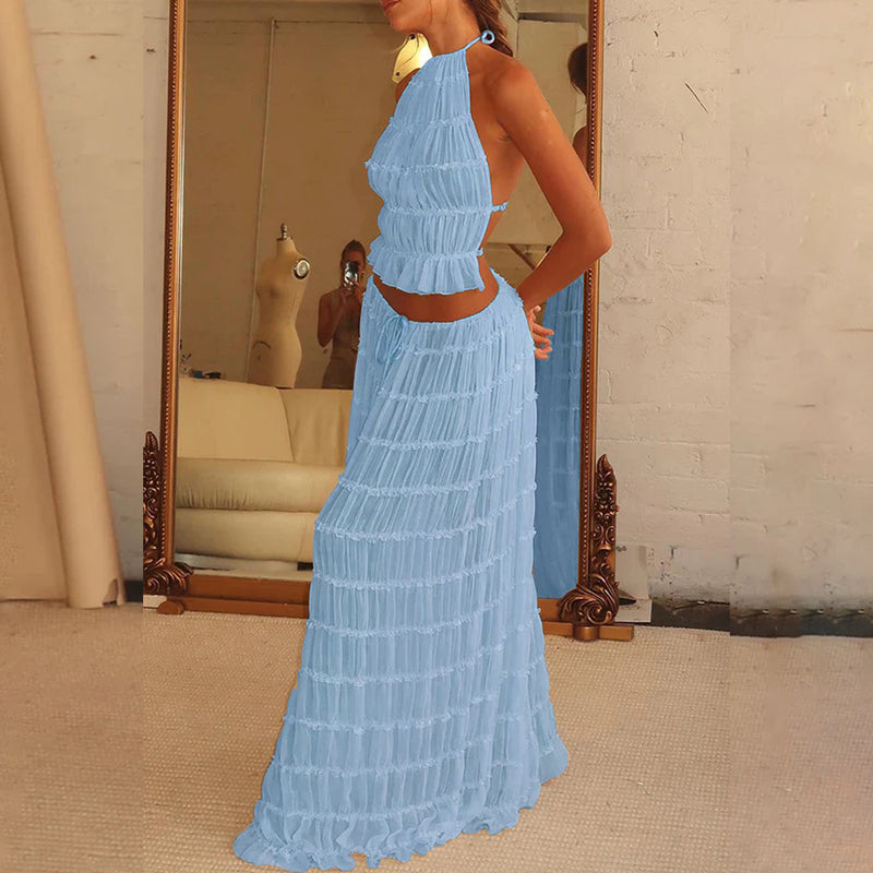 2pcs Women's Dress Sexy Sleeveless Backless Cropped Halter Top And Pleated Long Skirt