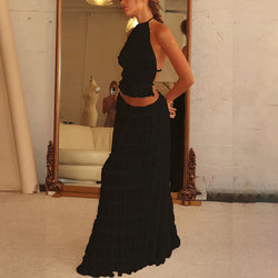 2pcs Women's Dress Sexy Sleeveless Backless Cropped Halter Top And Pleated Long Skirt