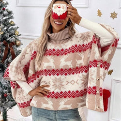 Turtleneck Christmas Color-contrasting Pattern Bat Sleeve Sweater