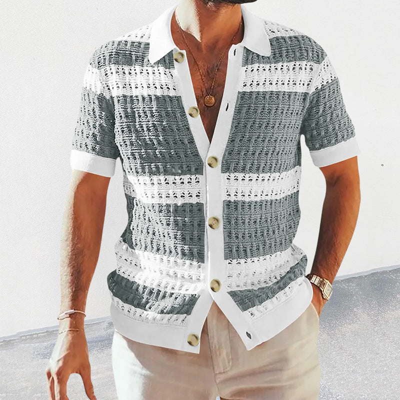 Summer Luxury Fashion New Knitted Shirt Men's Polo Neck Short Sleeve Colored Hollow Breathable Cardigan