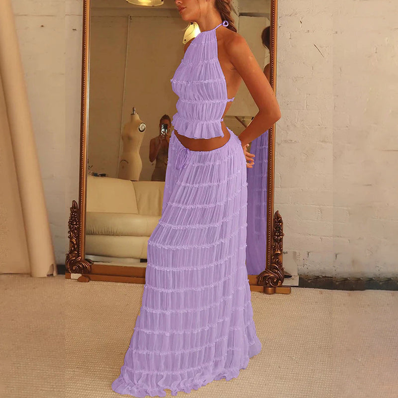 2pcs Women's Dress Sexy Sleeveless Backless Cropped Halter Top And Pleated Long Skirt