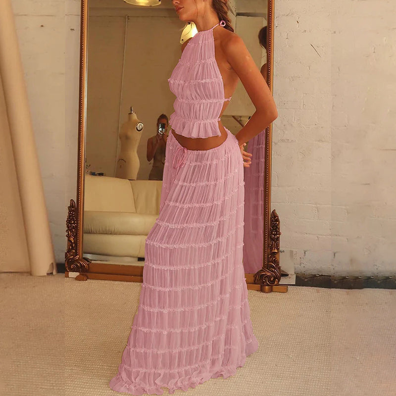 2pcs Women's Dress Sexy Sleeveless Backless Cropped Halter Top And Pleated Long Skirt